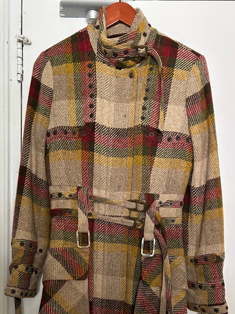 L.A.M.B. Plaid Belted Trench Coat in Tan, Mustard & Red